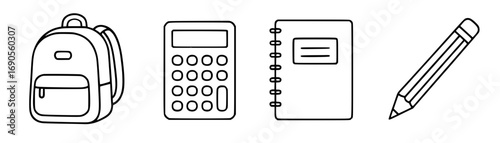 Set of school itmes, calculator, pencil, notebook and backpack