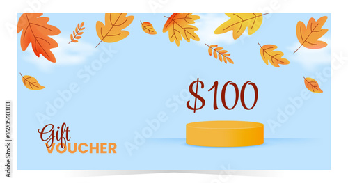 Autumn gift voucher template with yellow podium and warm fall leaves on blue sky background. Seasonal design for product promo or holiday campaign. Vector illustration