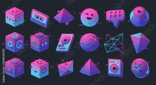 Neon glitch art geometric shapes and objects in retro-futuristic design style
