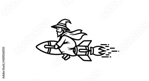 A Whimsical Wizard with a Flowing Cape Riding a Speeding Rocket in Bold Line Art
