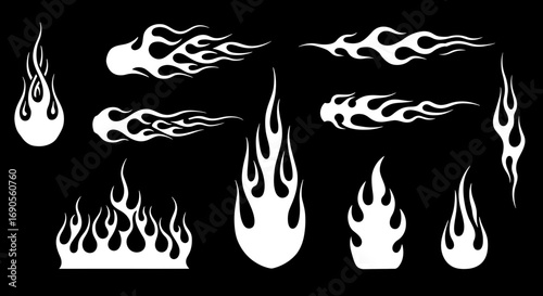 Collection of white flame designs against a black background for graphic applications