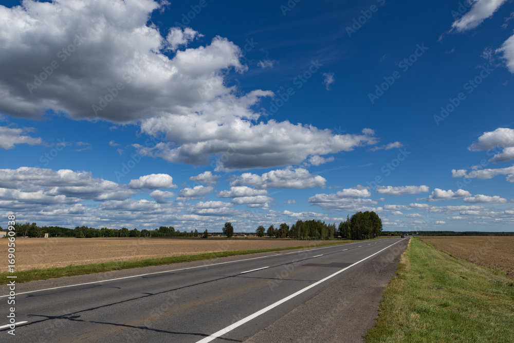 Fototapeta premium Empty road stretching through farmland towards the horizon under dramatic clouds. Symbolic landscape representing journey, freedom, future, progress, and endless possibilities.