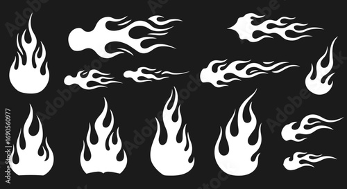 White Fire Flames Graphic Set on Black Background for Design Elements