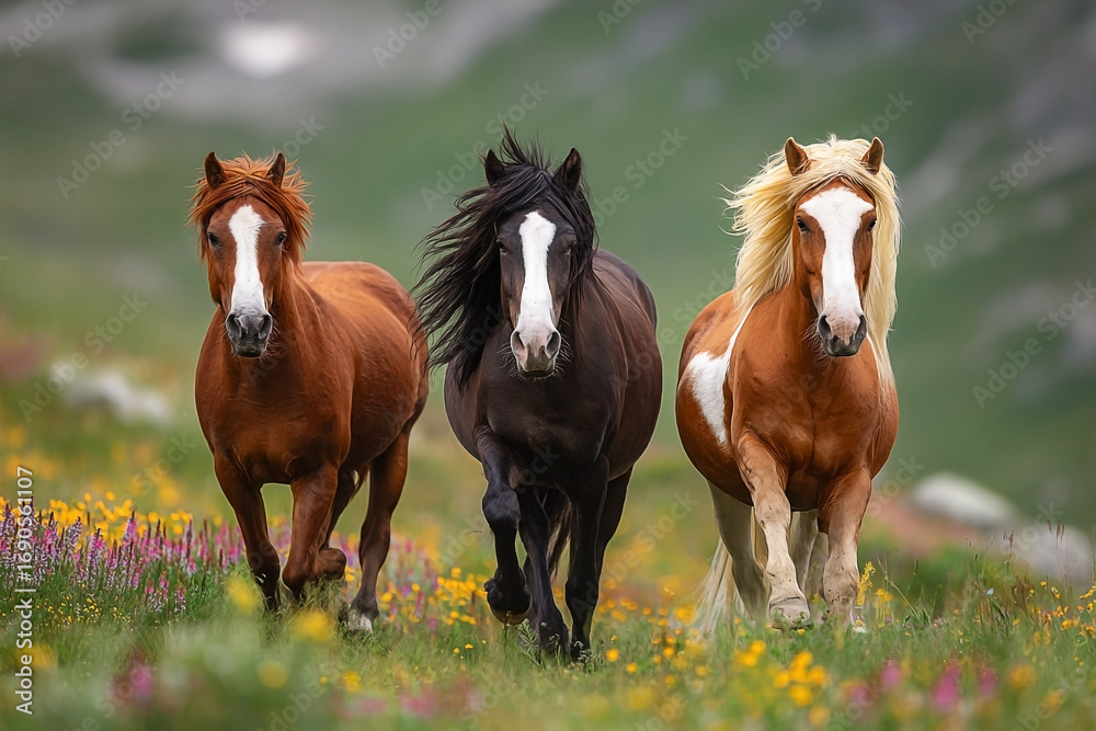 Fototapeta premium Trio of Icelandic Horses Galloping Through a Meadow, Wild Manes Flowing, Mountain Backdrop.