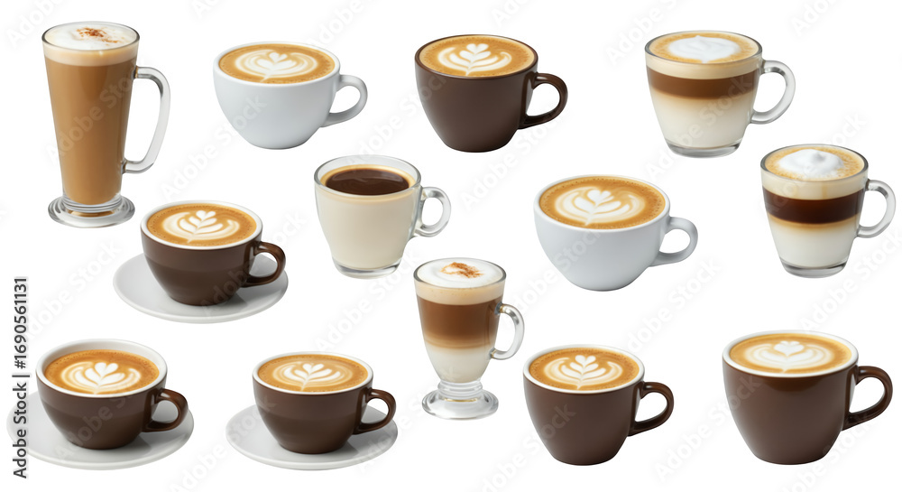 Fototapeta premium A set of cups of coffee on a transparent background