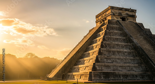 El Castillo pyramid at Chichen Itza bathed in golden sunrise light with sun rays