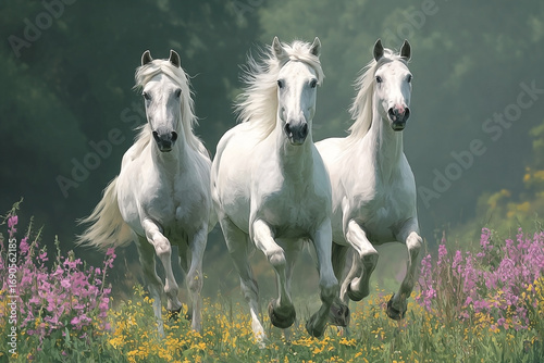 Majestic White Horses Galloping Wildly Through a Vibrant Spring Meadow with Blooming Purple Flowers.