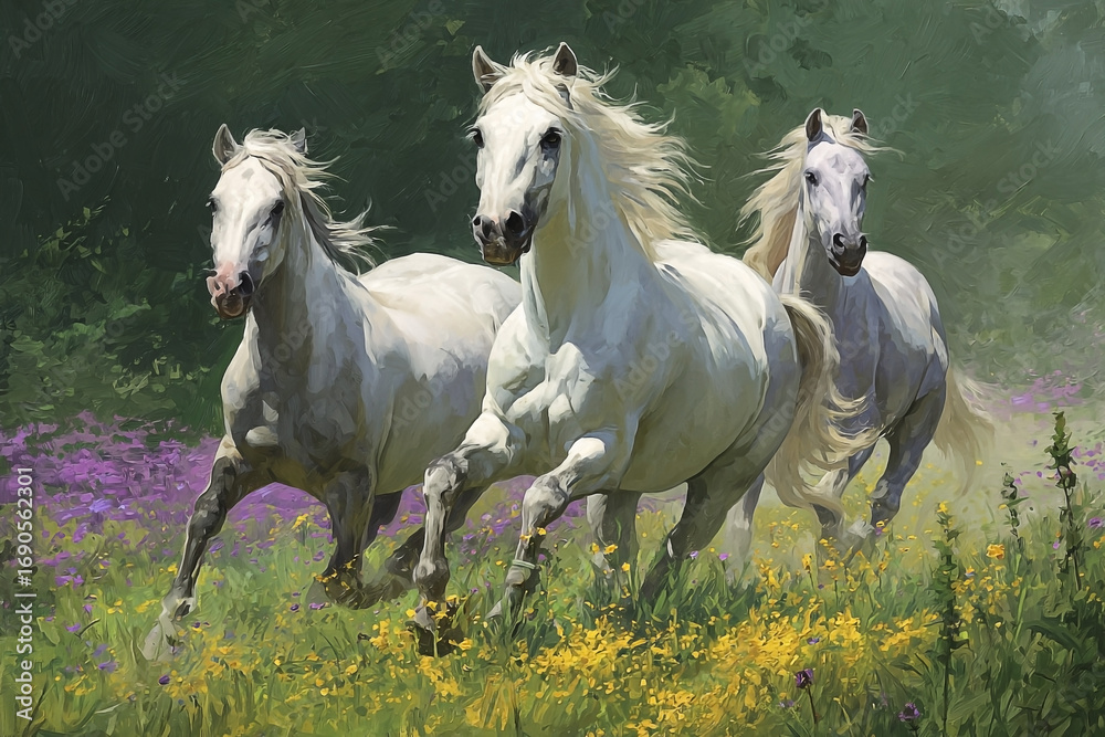 Fototapeta premium Majestic Trio of White Horses Galloping Through a Sunlit Meadow of Wildflowers.
