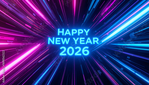 Happy New Year 2026 Neon Light Burst Design Radiating Streaks in Pink, Blue, and Purple with Glowing Typography Futuristic Celebration Poster for Holiday Greetings and Events