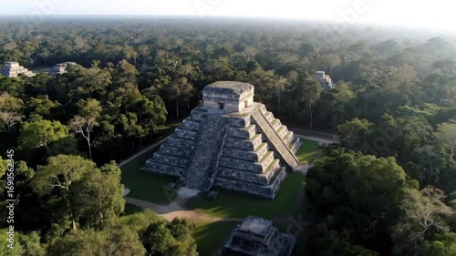 Misty morning aerial view of ancient mayan pyramids nestled within a dense jungle, revealing historical ruins and archaeological wonders