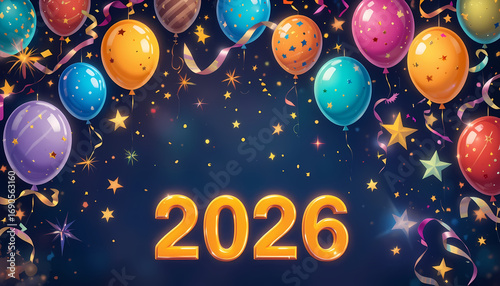 Happy New Year 2026 Balloon Celebration Poster Colorful Streamers, Confetti, and Glowing Typography on Dark Background