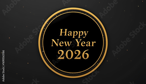 Happy New Year 2026 Circular Gold Frame Design Elegant Typography with Black Background and Glitter Specks Festive Holiday Greeting for Seasonal Cards