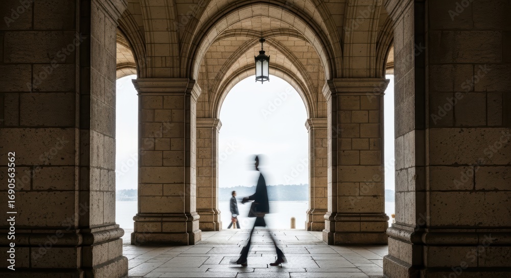 Fototapeta premium Silhouettes walking in stone archway with river view