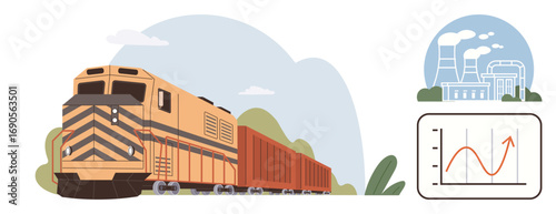 Freight train on railroad carrying cargo, industrial plant representing production, and performance graph. Ideal for logistics, industry, transportation, supply chain, manufacturing, economy
