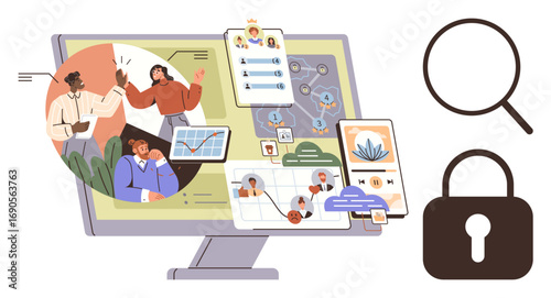 Wallpaper Mural Desktop showing team collaboration, analytics, and communication tools. Magnifying glass and lock representing search and security. Ideal for teamwork, data sharing, project management, analytics Torontodigital.ca