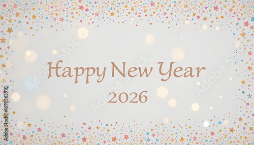 Happy New Year 2026 Confetti Border Greeting Card Stylish Serif Typography with Stars and Circles on Light Background Festive Holiday Design for Seasonal Announcements and Invitations