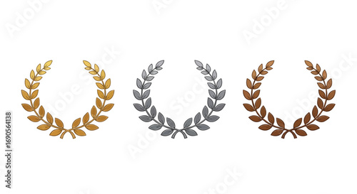 Gold, silver, and bronze laurel wreath set honoring achievement and competition excellence on white