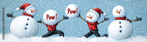 Snowman snow winter holiday comic playful snowball pow festive cheerful Snowman duo with comic snowball fight, playful pow text, winter snow