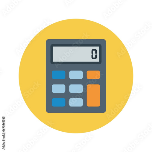 A modern flat design calculator icon with a digital display showing zero, set against a vibrant yellow circular background.