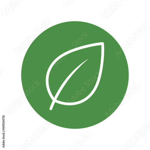 A simple white line art illustration of a leaf centered within a vibrant green circular shape, representing natural concepts.