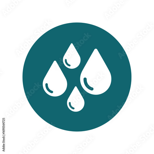 Four white water droplets of varying sizes are depicted within a solid dark teal circular icon, symbolizing liquid or moisture.