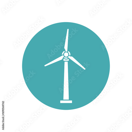 A white silhouette of a wind turbine stands tall within a solid teal circular icon, representing renewable energy.