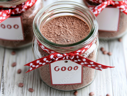 Homemade hot cocoa mix glass jar red ribbon gift tag winter drink cozy sweet holiday rustic kitchen