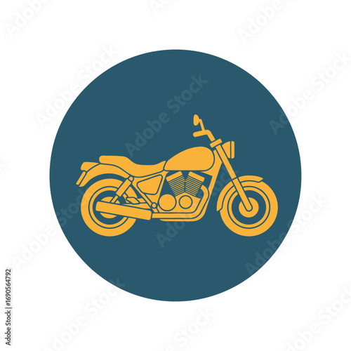 Stylized golden yellow cruiser motorcycle illustration in profile on a dark teal circular background.