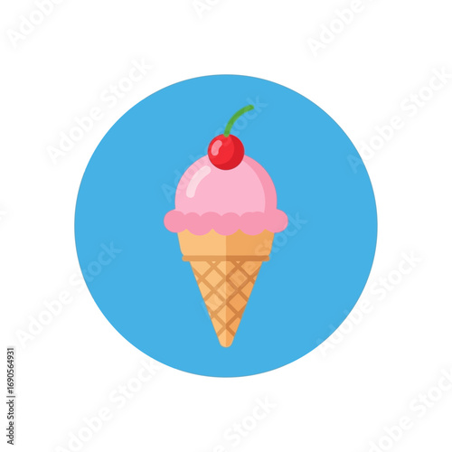 A delightful flat design illustration of a single scoop pink ice cream cone topped with a bright red cherry, set within a vibrant blue circular icon.
