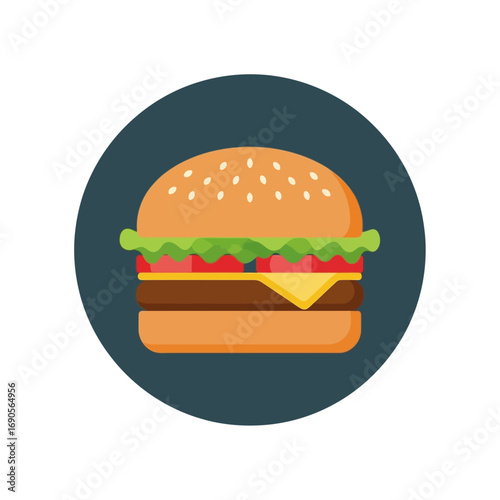 A vibrant flat design illustration of a classic hamburger with sesame bun, fresh lettuce, tomato, cheese, and a beef patty, set against a dark circular background.