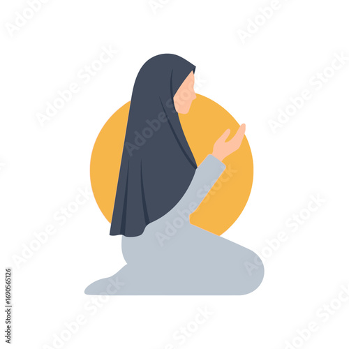 A Muslim woman in a hijab kneels in prayer with her hands raised, set against a warm yellow circle.