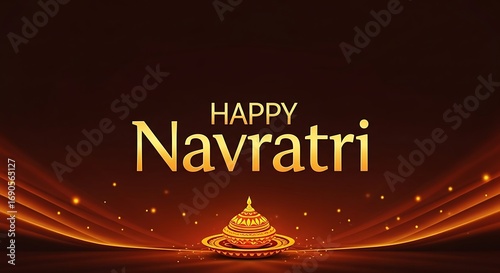 Happy navratri greeting card with golden text and decorative elements on a dark brown background, perfect for celebrating the hindu festival