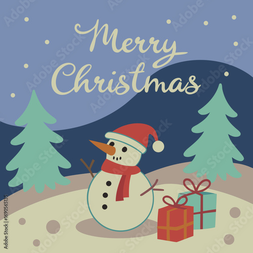 Charming snowman with gifts and christmas trees illustration