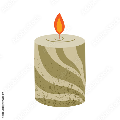 Burning candle with wavy animalistic pattern. Cozy flat illustration. Design element for holiday, postcard, poster or printed products.
