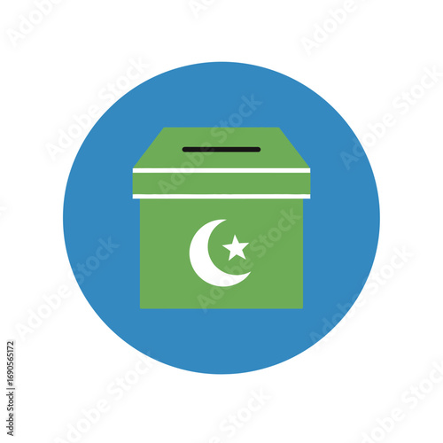 An icon depicting a green ballot box adorned with a white crescent moon and star, symbolizing voting and Islamic community participation.