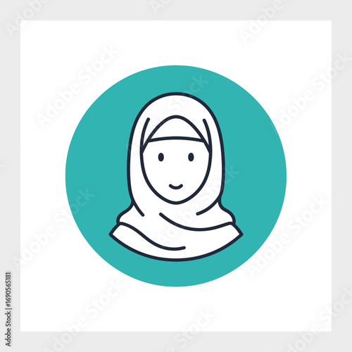 Simple line art icon of a smiling Muslim woman wearing a white hijab on a teal background.