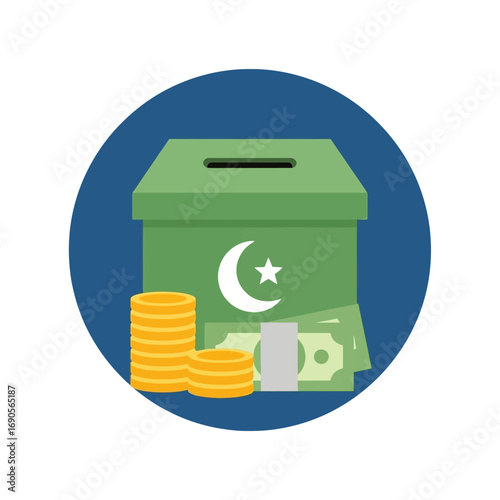 Green charity box featuring a crescent and star symbol, with gold coins and paper money, illustrating Islamic giving.
