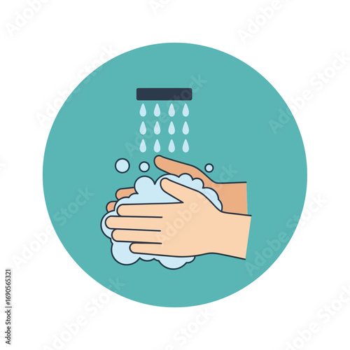 Cartoon illustration showing hands being washed with soap and running water for hygiene.