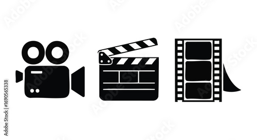 Lights camera action icons perfect for movie marketing or film production branding needs, simple and professional