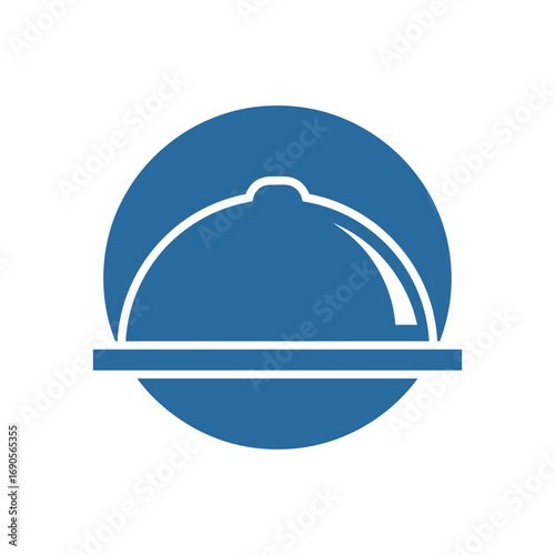 A simple graphic icon featuring a white cloche and serving plate silhouette within a solid blue circle.