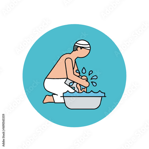 An illustration of a person kneeling and washing items in a basin, with water splashing around.