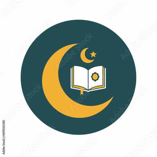 An icon featuring a golden crescent moon and star with an open holy book, symbolizing Islamic faith and knowledge.