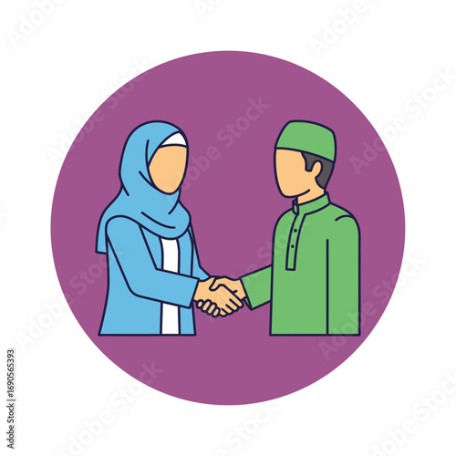 An illustration depicting a Muslim woman wearing a hijab and a Muslim man in a kufi shaking hands, representing a greeting or agreement.