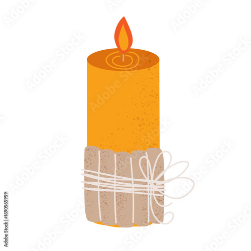 Burning candle with wooden decor and string bow. Cozy autumn or winter flat illustration. Design element for holiday, card, poster, or print