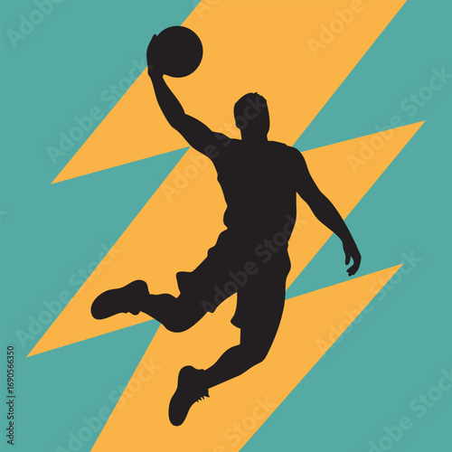 Silhouette of a Basketball Player Dunking Against a Lightning Bolt Background slam dunk