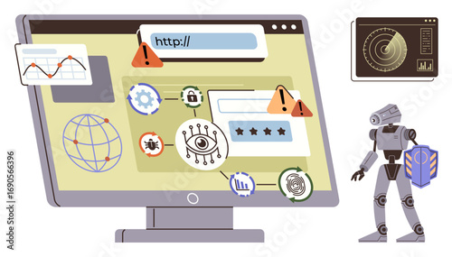 Computer screen displaying cybersecurity warnings, analytics charts, and AI robot with a shield. Ideal for data security, internet safety, technology, AI, online threats, encryption digital