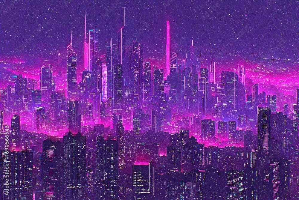 Obraz premium Futuristic city skyline, vibrant magenta neon lights
