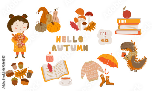 Cute autumn illustration set. Hello autumn text and dino, girl, pumpkins, leaves, acorns, books, clothes. Seasonal fall clipart, sticker