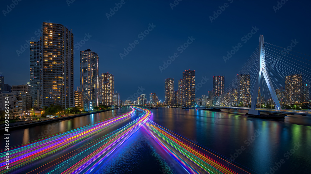 Naklejka premium 都市の高層群と川面の光跡が広がる夜景風景