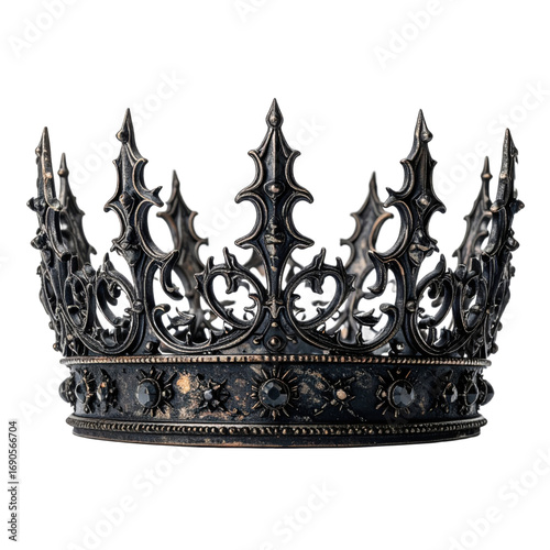 An ornate, black metal crown with intricate gothic detailing and gem like embellishments set against a transparent background. Suitable for spooky Halloween themes and holiday crafts.